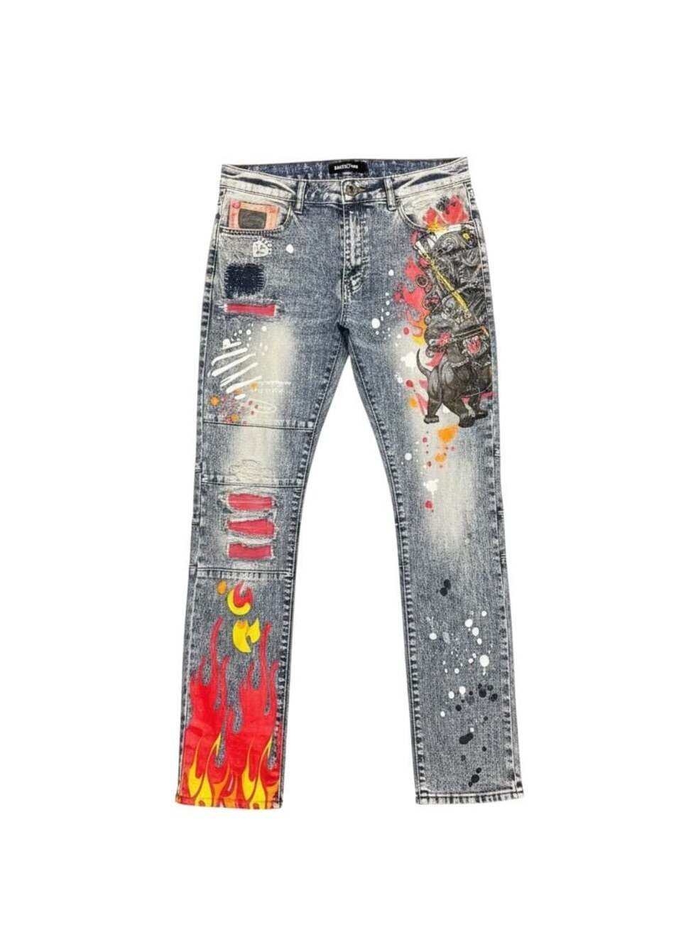 Reason Legend Born Graphic Paint Splatter Flame Patchwork Denim Jeans